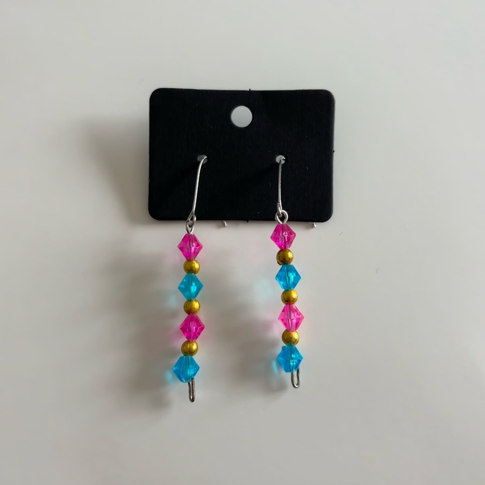 Brand new handmade dangle earrings blue and pink with gold beads